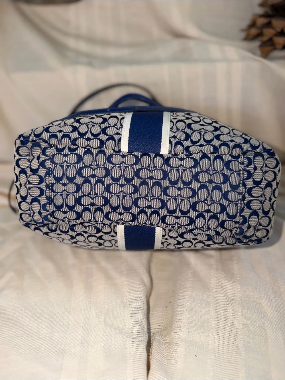 Coach Blue and White Signature Stripe Shoulder Bag